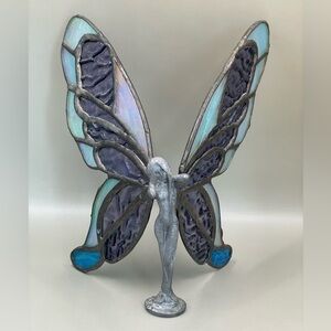 Vintage Signed 1991 Iridescent Stained Glass Wings Butterfly Fairy 7” Figurine